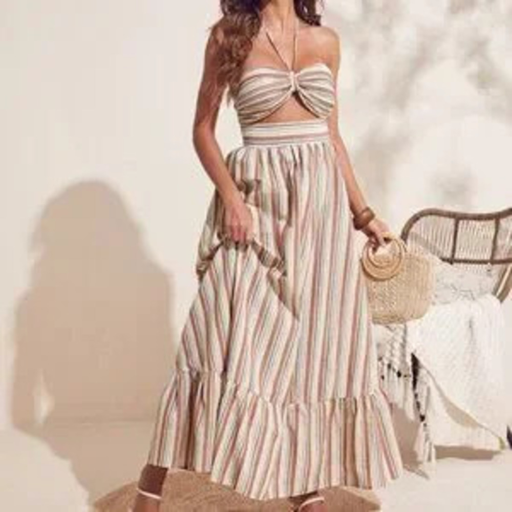 ZARA Ruffle Hem Halter Striped Print Maxi Dress